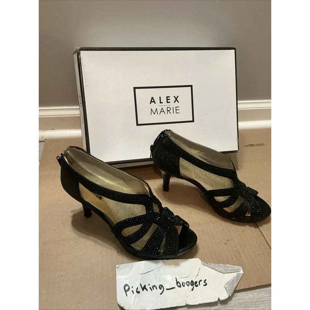 Alex Marie Black Rhinestone Heels Women's Size 7.5  M Shoes Zip Back Peep Toe